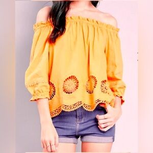 StoryOn Crochet Off Shoulder Frill Trim Top Yellow!